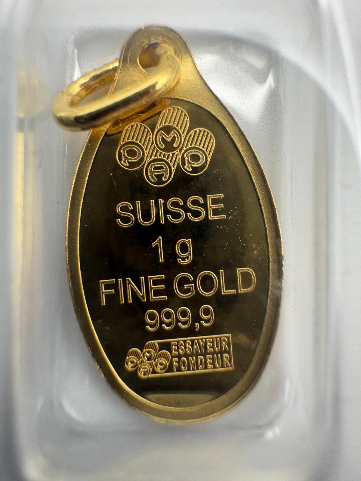 PAMP Suisse 1g Rosa Oval Gold Bar Pendant 24kt .9999 Fine Gold