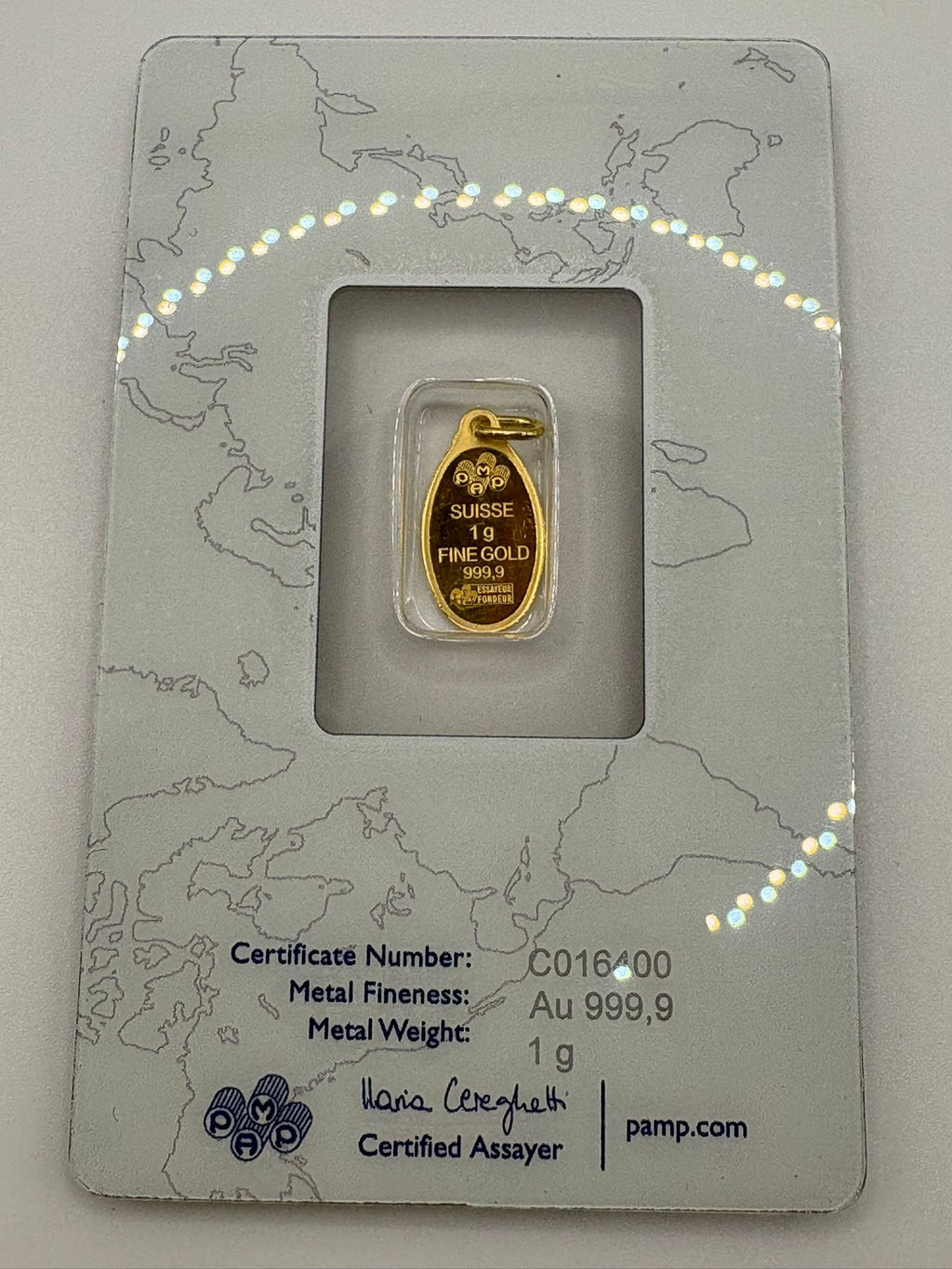 PAMP Suisse 1g Rosa Oval Gold Bar Pendant 24kt .9999 Fine Gold