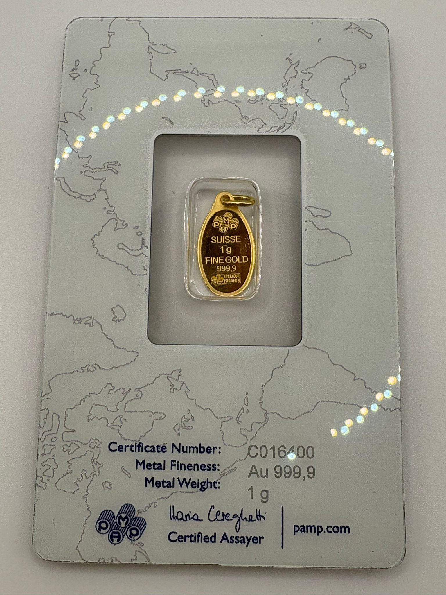 PAMP Suisse 1g Rosa Oval Gold Bar Pendant 24kt .9999 Fine Gold